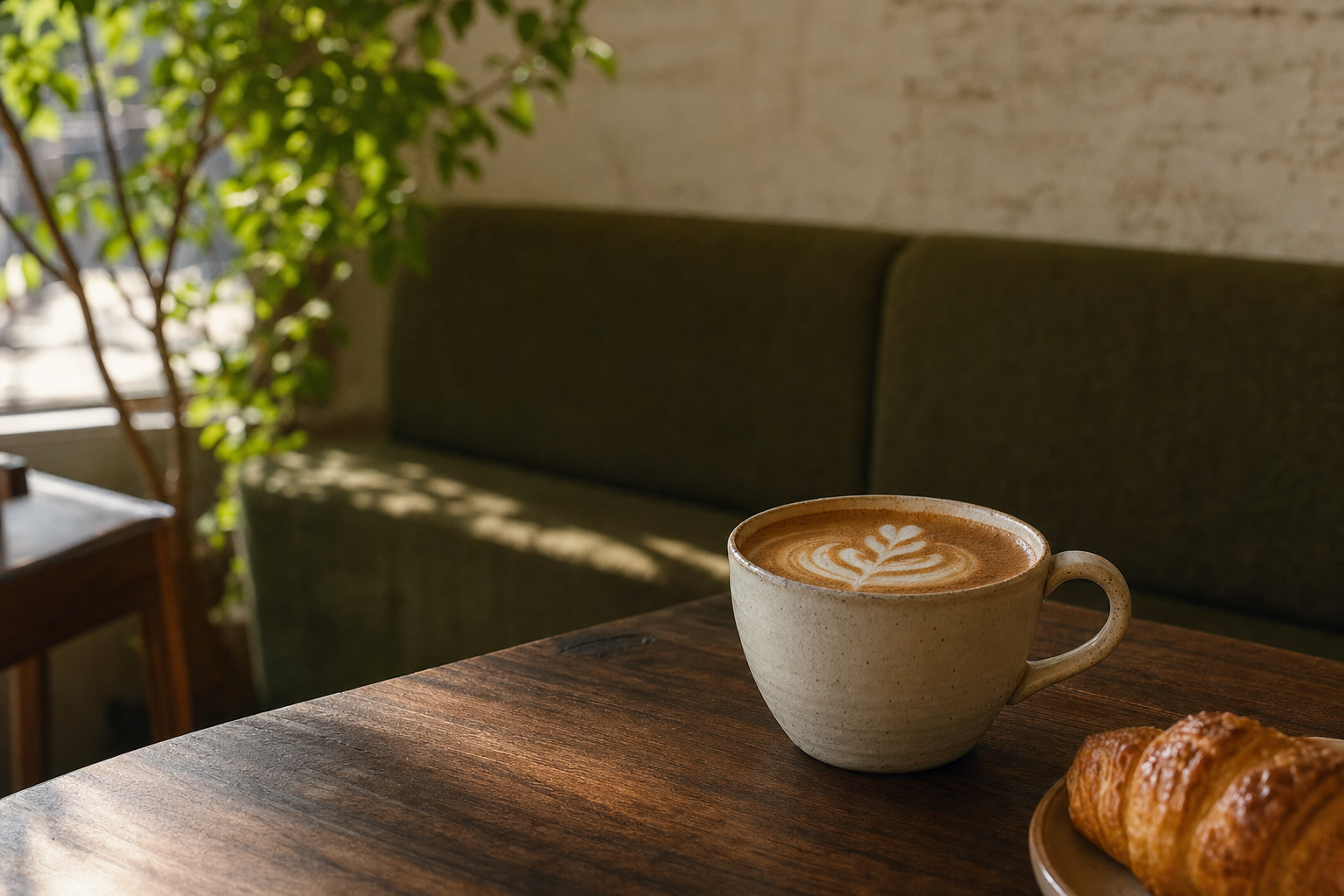 Cappuccino and a croissant on a sunlit café table