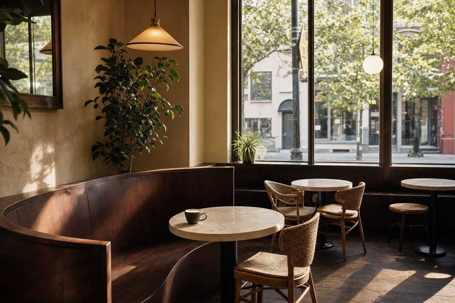 Warm neighborhood café interior with sunlit tables