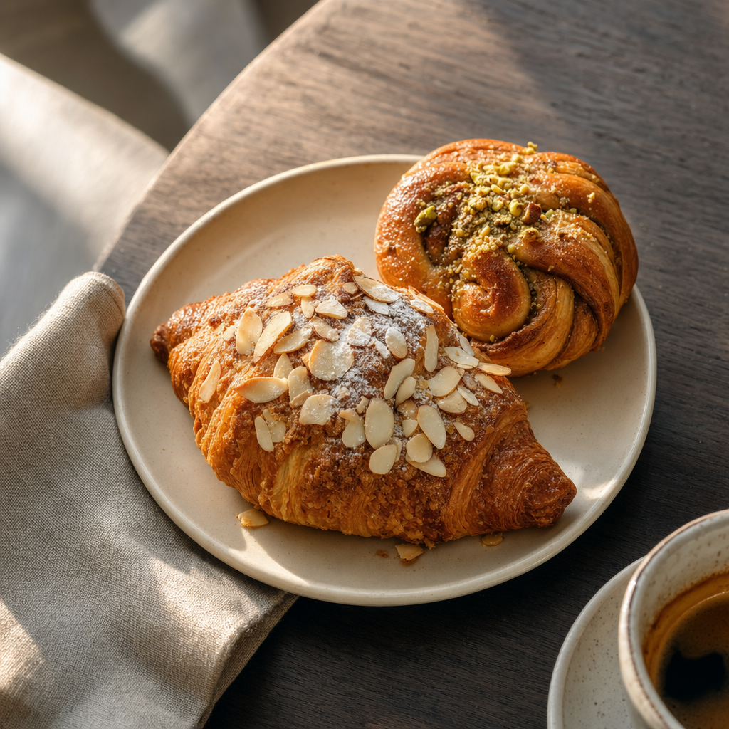 Fresh almond croissant and cardamom bun on a plate