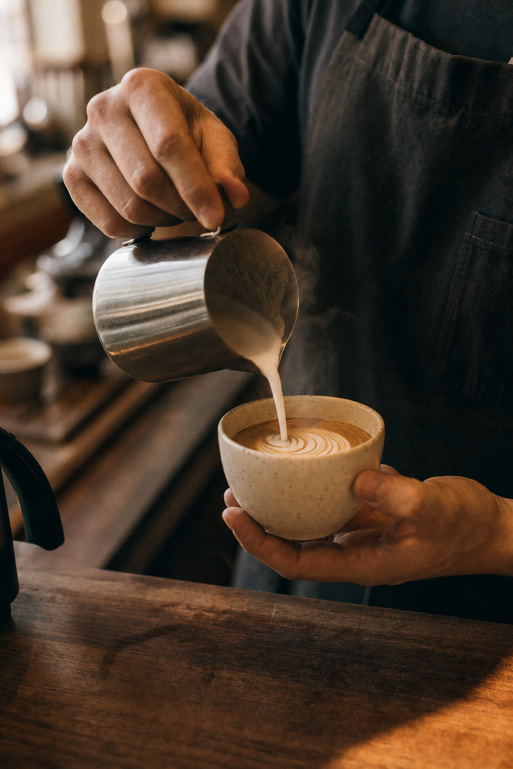 Milk being poured into a fresh cup of coffee